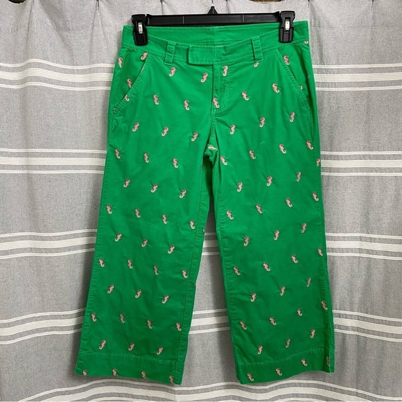 LILY PULITZER / Green with Pink Seahorse Corduroy Wide Leg Crop Pants Size 4 - Picture 1 of 12